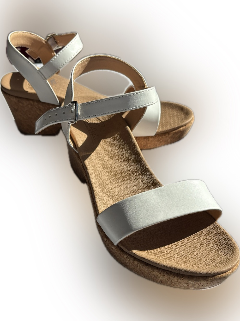 Softmoc Harley Classic White Leather and cork Ankle-Strap Wedge Sandals